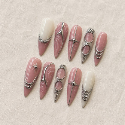 Silver Chrome Press On Nails, Pink Futuristic Cyber Nail Art