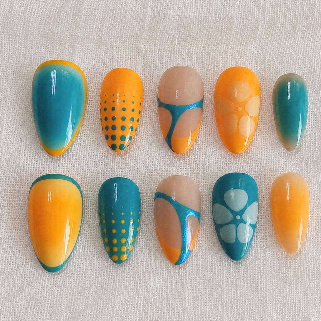 Airbrush Summer Press On Nails, Orange Blue Flower Design