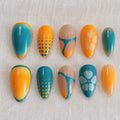 Airbrush Summer Press On Nails, Orange Blue Flower Design