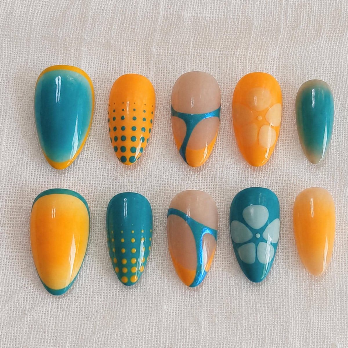 Airbrush Summer Press On Nails, Orange Blue Flower Design