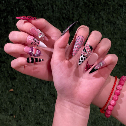 Y2K Pink Black Press On Nails • Coquette Baddie Nail Set • Zebra Web Star Glam Nails • Handmade 3D Statement Nails • JB436UG