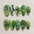 Sage Green Press On Nails, 3D Star Celestial Chrome Set