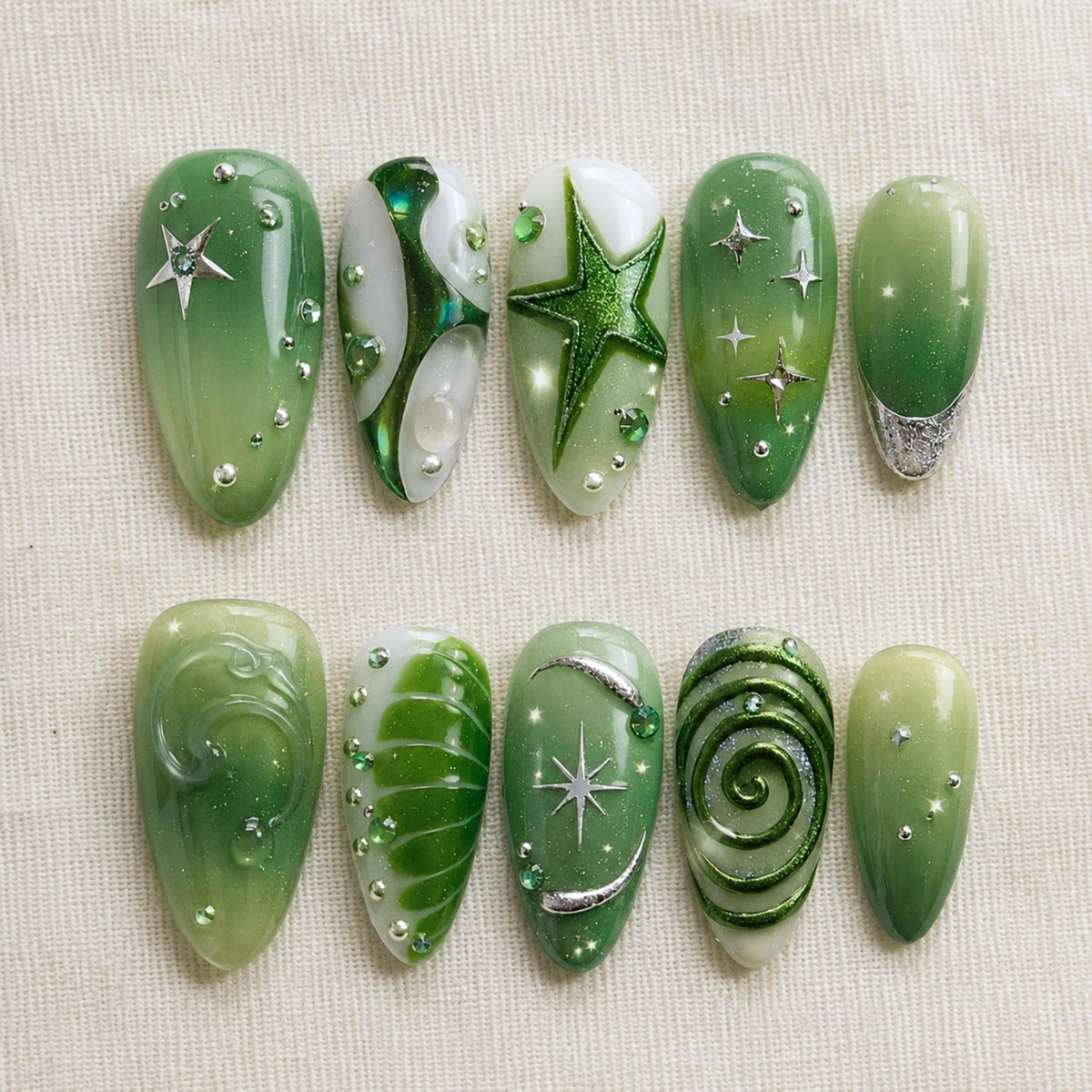 Sage Green Press On Nails, 3D Star Celestial Chrome Set