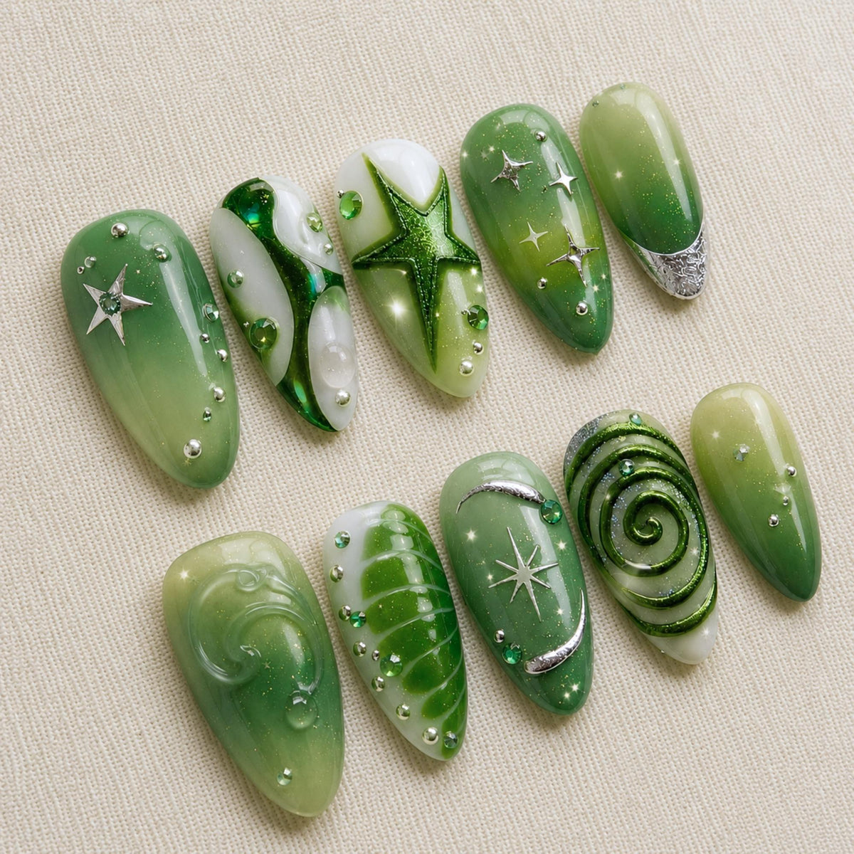 Sage Green Press On Nails, 3D Star Celestial Chrome Set