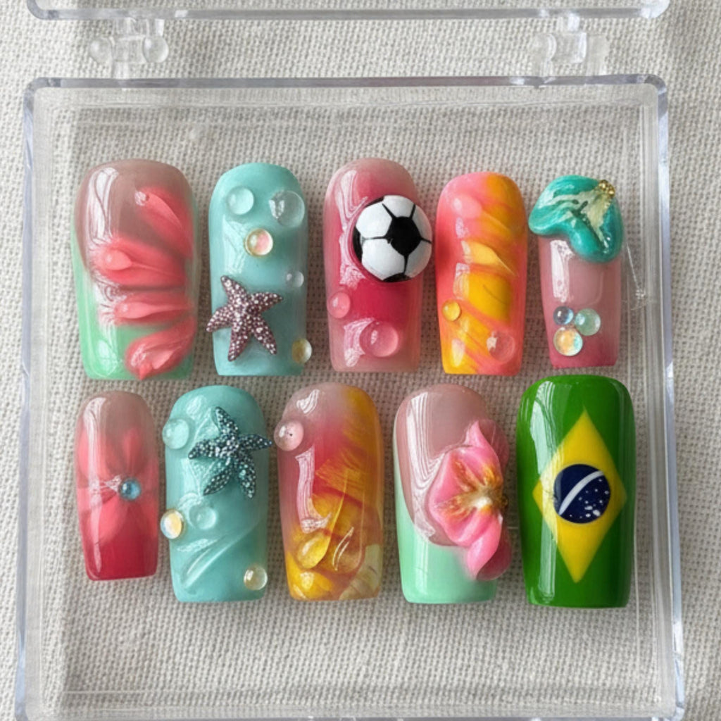 Brazil Summer Press On Nails: Beach Vacation Summer Nail Set