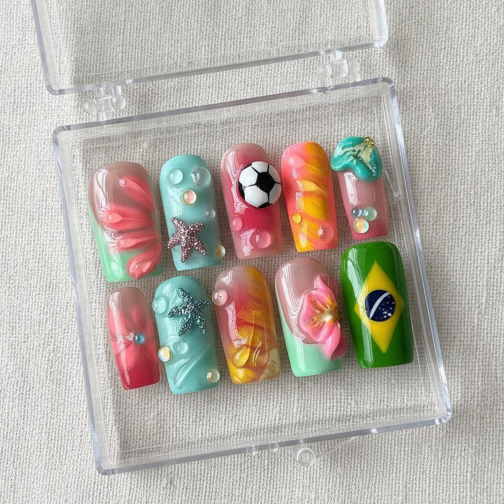 Brazil Summer Press On Nails: Beach Vacation Summer Nail Set