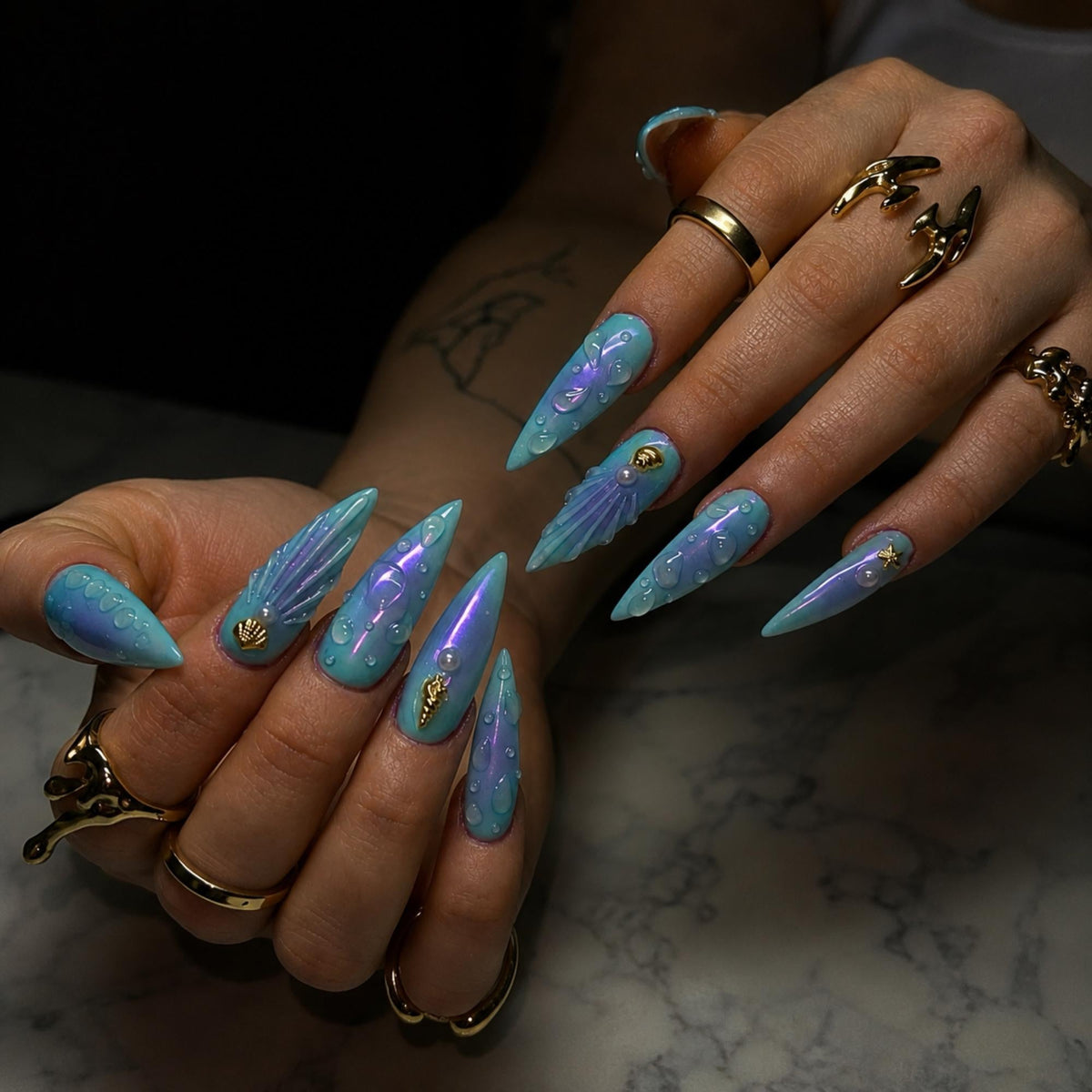 Blue Aura Mermaid Press On Nails |  3D Ocean Iridescent Art | Blue Purple Nail Set
