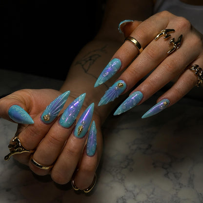 Blue Aura Mermaid Press On Nails |  3D Ocean Iridescent Art | Blue Purple Nail Set