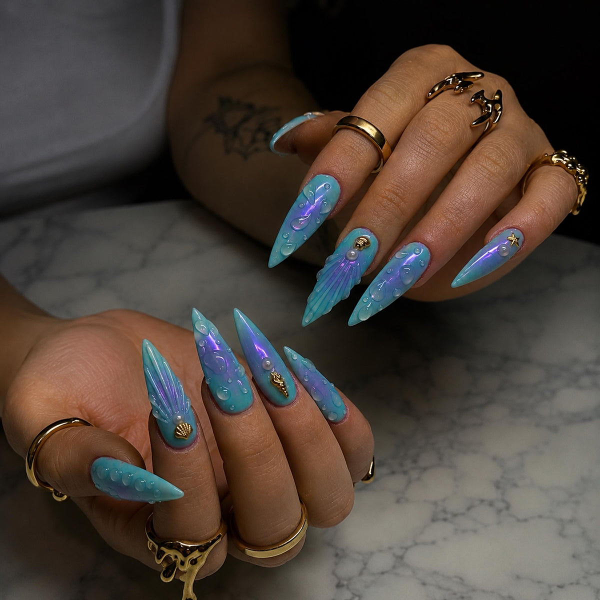 Blue Aura Mermaid Press On Nails |  3D Ocean Iridescent Art | Blue Purple Nail Set