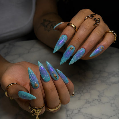 Blue Aura Mermaid Press On Nails |  3D Ocean Iridescent Art | Blue Purple Nail Set