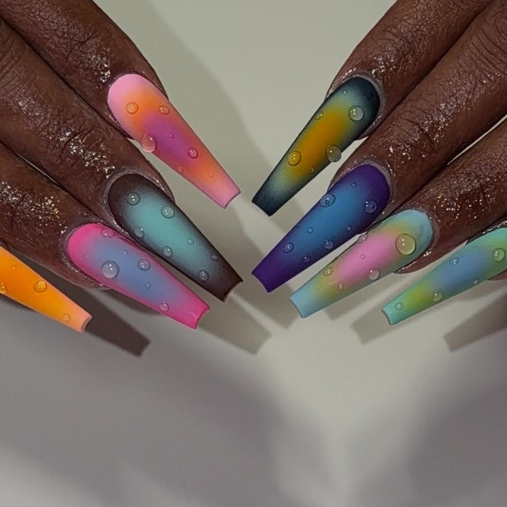Airbrush Aura Press On Nails, Colorful Rainbow Matte Coffin Nails