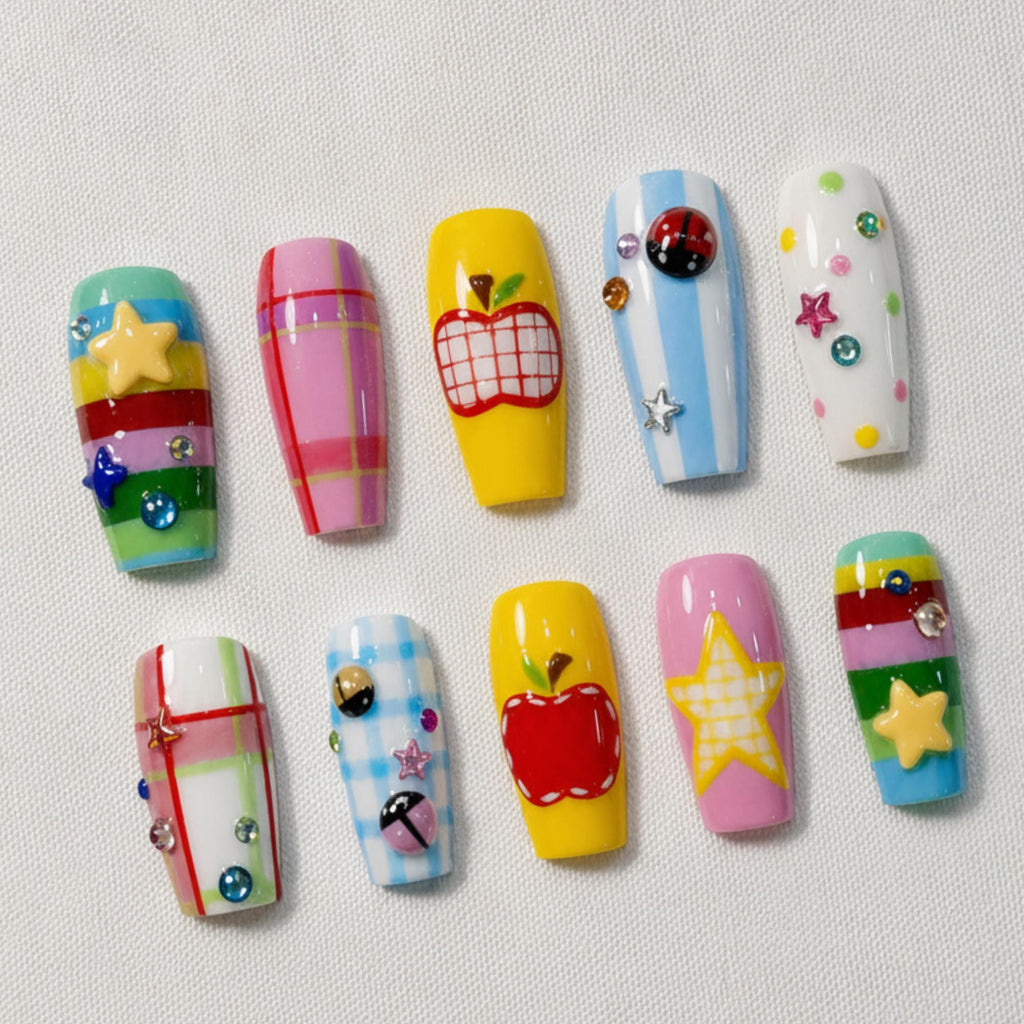 Retro Kawaii Press On Nails, Apple Star Fairy Kei Nail Set
