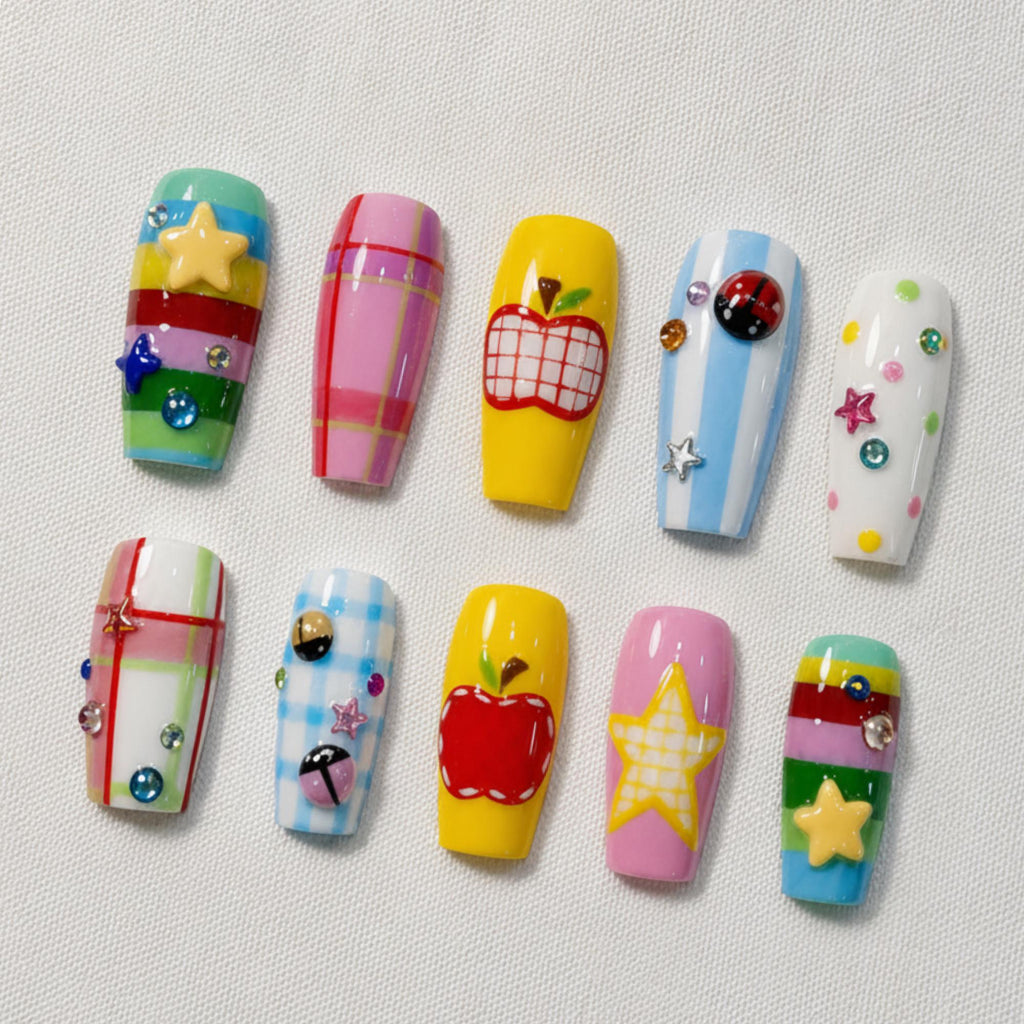 Retro Kawaii Press On Nails, Apple Star Fairy Kei Nail Set