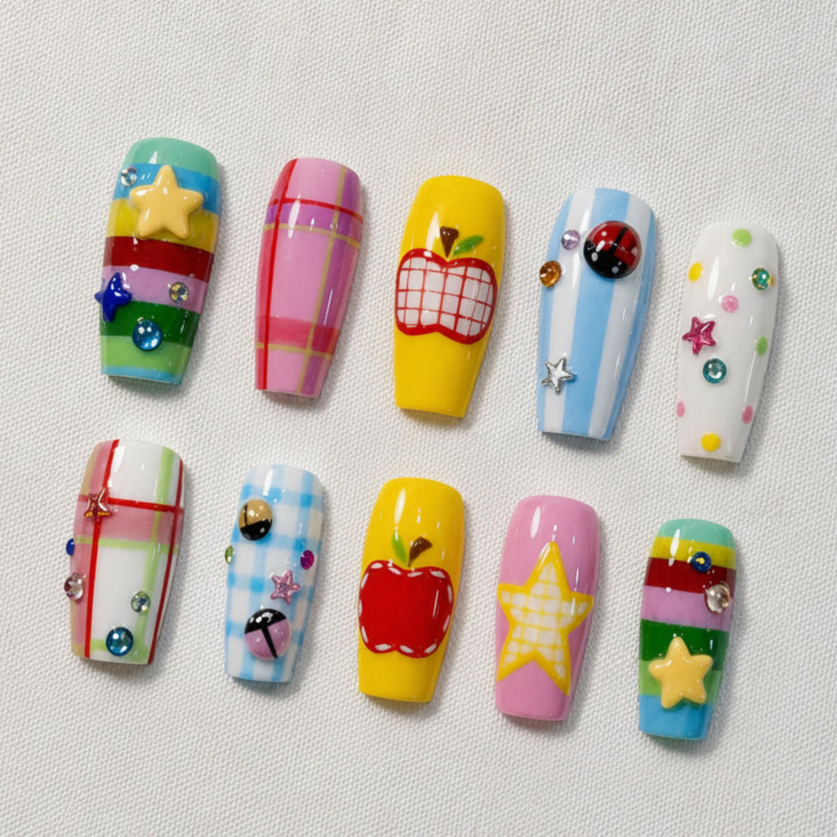 Retro Kawaii Press On Nails, Apple Star Fairy Kei Nail Set