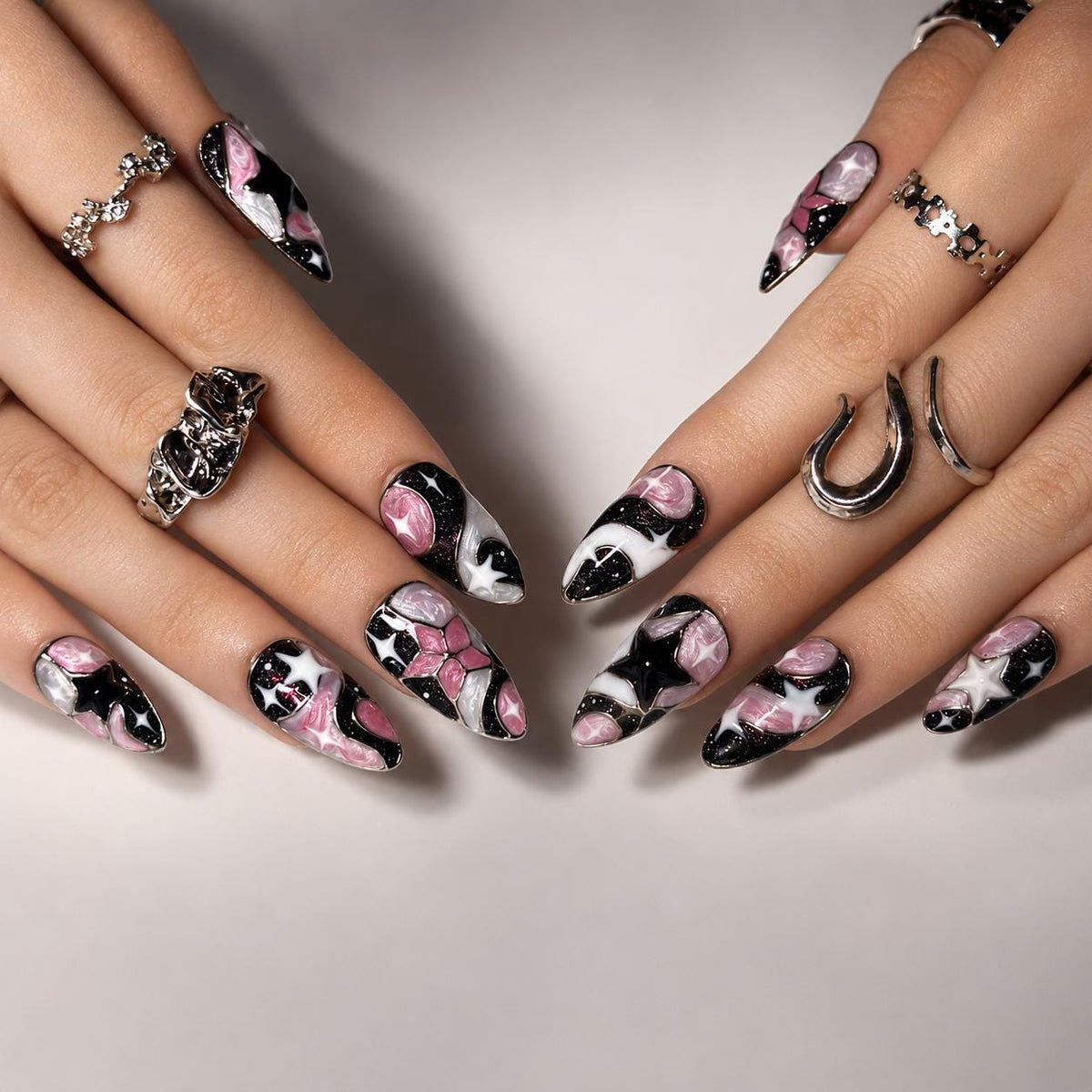 Celestial Press On Nails Almond • Birthday Gift for Her • Pink Black 3D Star Moon Galaxy Handmade Fake Nails Romantic Dark Style| JB425LC