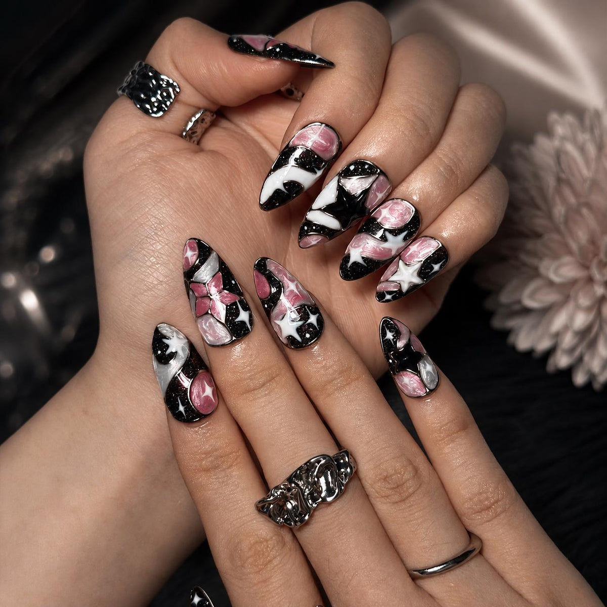 Celestial Press On Nails Almond • Birthday Gift for Her • Pink Black 3D Star Moon Galaxy Handmade Fake Nails Romantic Dark Style| JB425LC