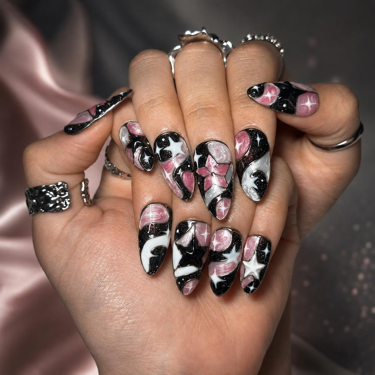 Celestial Press On Nails Almond • Birthday Gift for Her • Pink Black 3D Star Moon Galaxy Handmade Fake Nails Romantic Dark Style| JB425LC