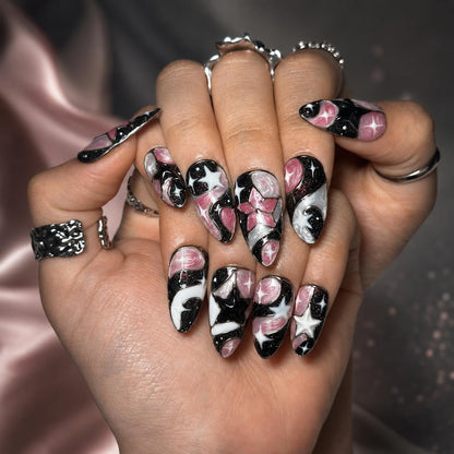 Celestial Press On Nails Almond • Birthday Gift for Her • Pink Black 3D Star Moon Galaxy Handmade Fake Nails Romantic Dark Style| JB425LC
