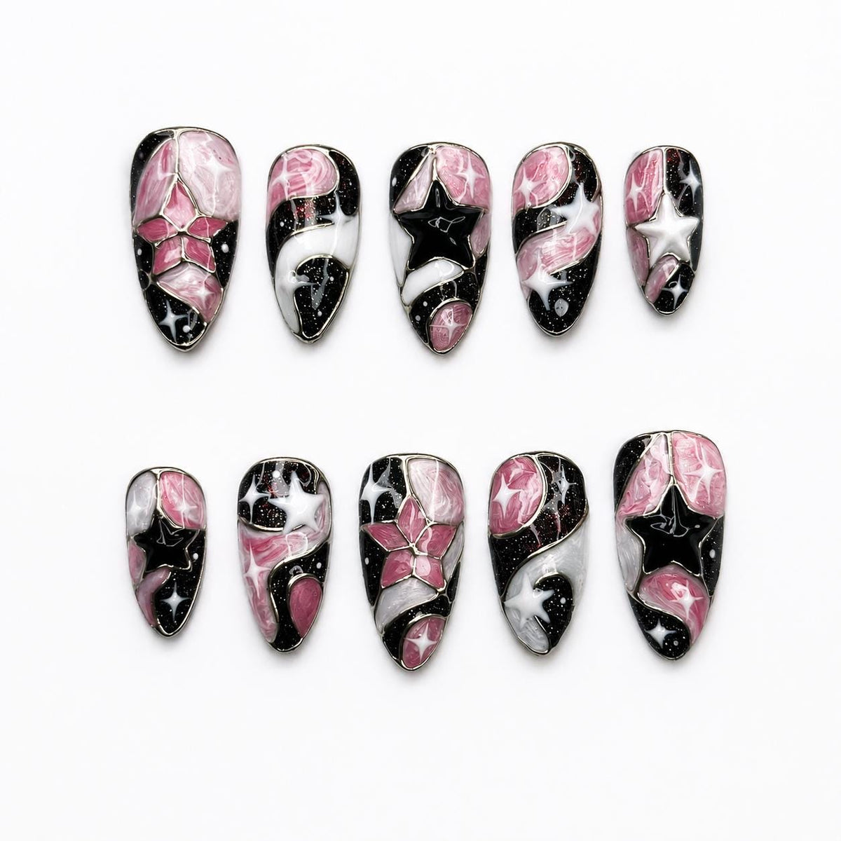 Celestial Press On Nails Almond • Birthday Gift for Her • Pink Black 3D Star Moon Galaxy Handmade Fake Nails Romantic Dark Style| JB425LC