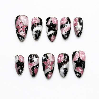 Celestial Press On Nails Almond • Birthday Gift for Her • Pink Black 3D Star Moon Galaxy Handmade Fake Nails Romantic Dark Style| JB425LC