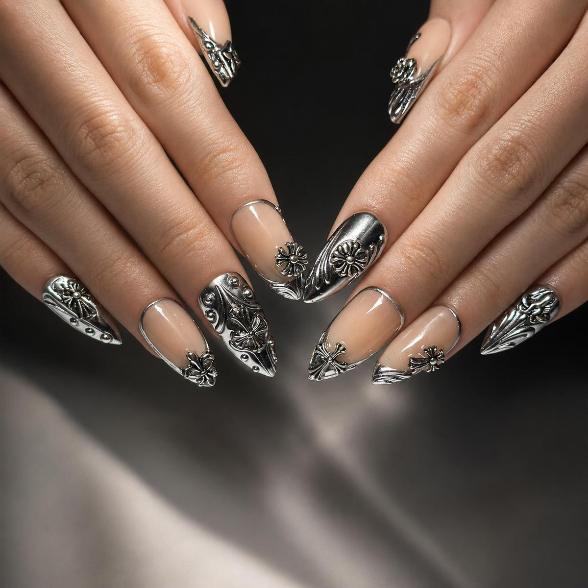 Gothic Press On Nails Almond • Statement Gift for Her • Silver Chrome Cross Fleur De Lis Handmade Fake Nails Luxury Style  | JB426LC