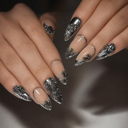 Gothic Press On Nails Almond • Statement Gift for Her • Silver Chrome Cross Fleur De Lis Handmade Fake Nails Luxury Style  | JB426LC