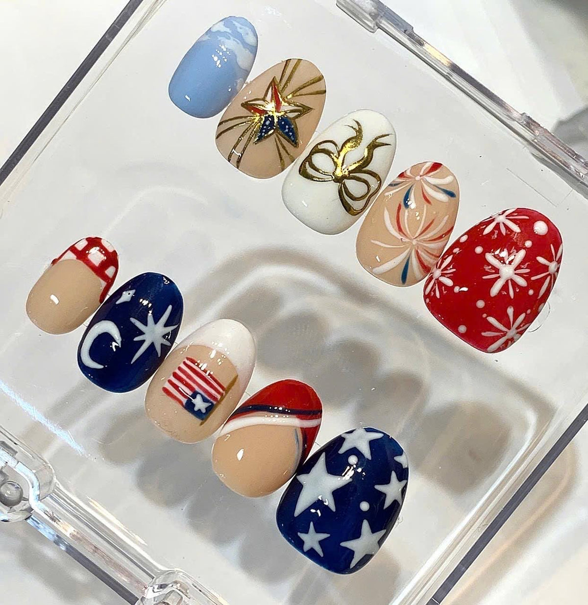 Patriotic American Flag Nails | Red White Blue Fireworks & Star Nail Art | Handmade Reusable Press On Nails