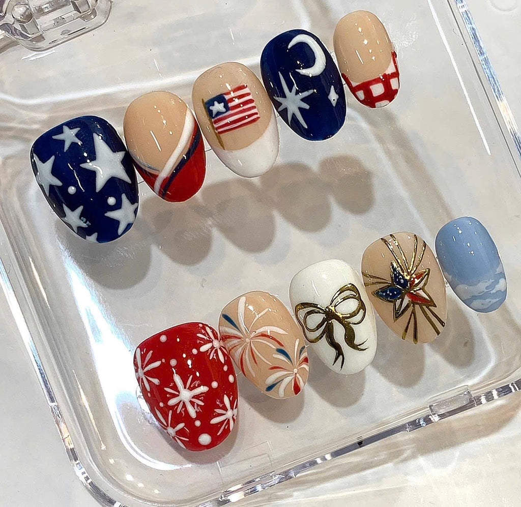 Patriotic American Flag Nails | Red White Blue Fireworks & Star Nail Art | Handmade Reusable Press On Nails