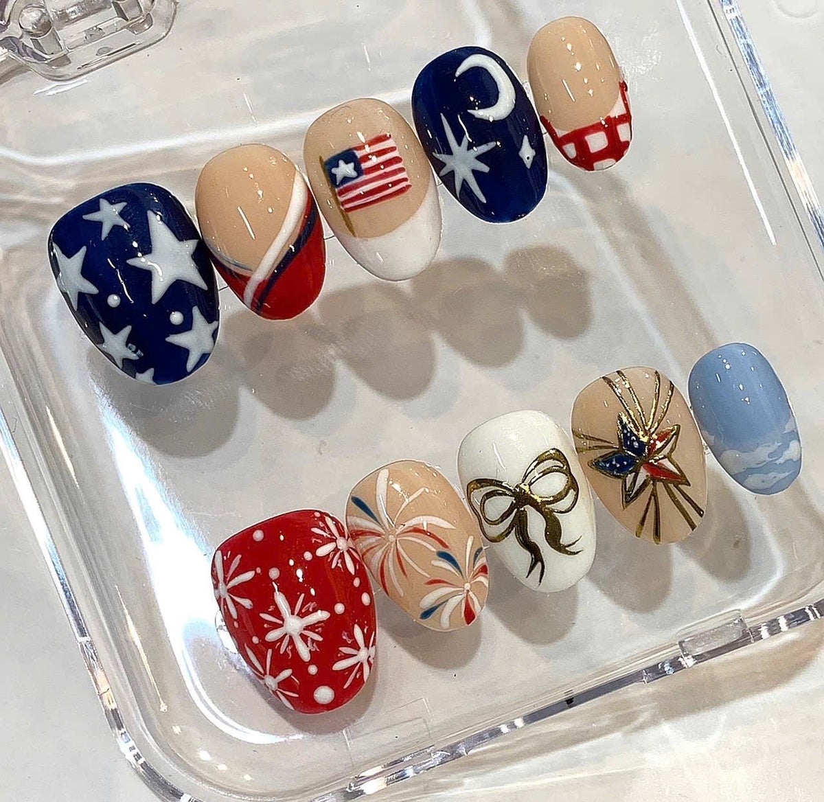 Patriotic American Flag Nails | Red White Blue Fireworks & Star Nail Art | Handmade Reusable Press On Nails