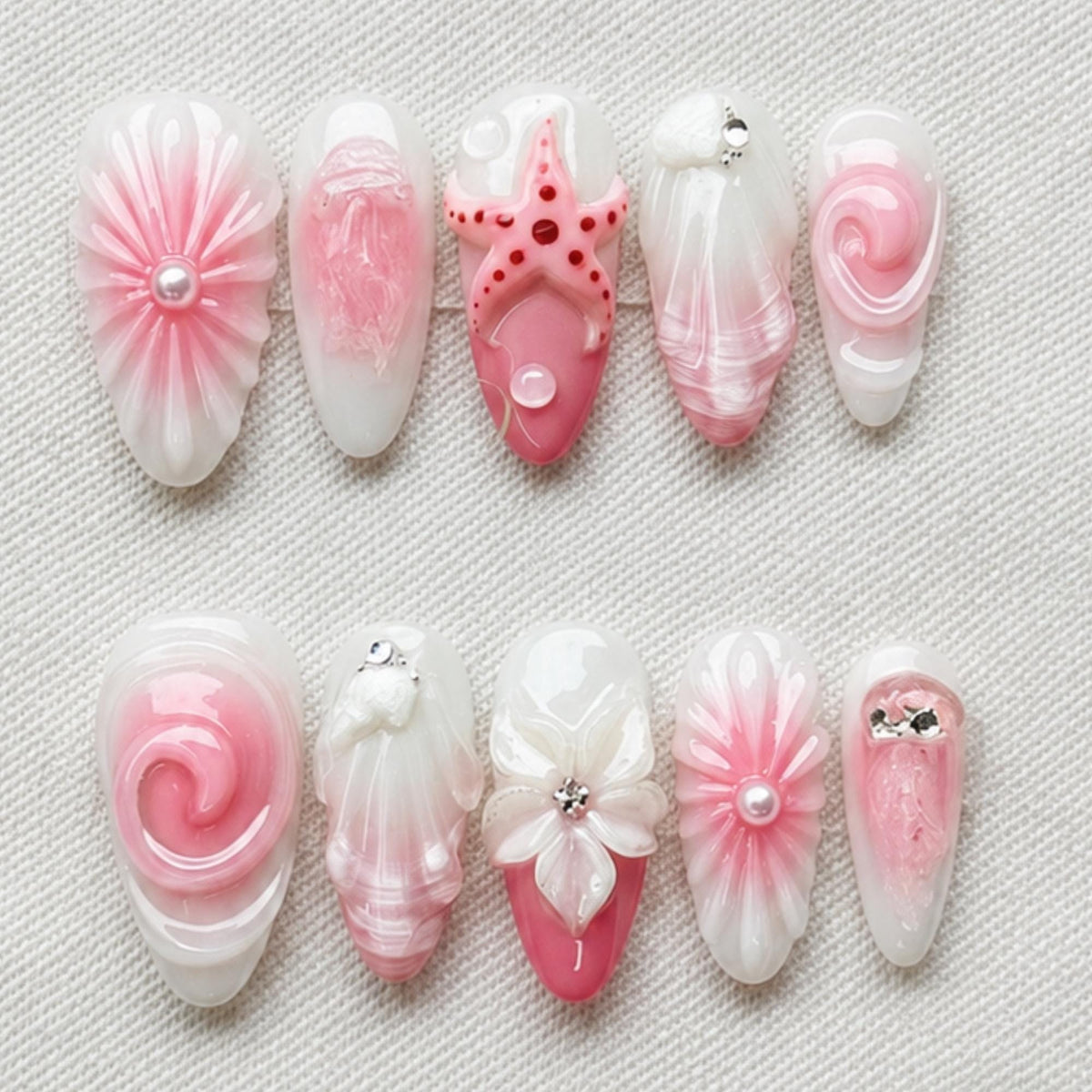 Pink Mermaid Press On Nails, 3D Seashell Starfish Nail Set