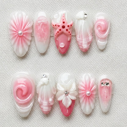 Pink Mermaid Press On Nails, 3D Seashell Starfish Nail Set