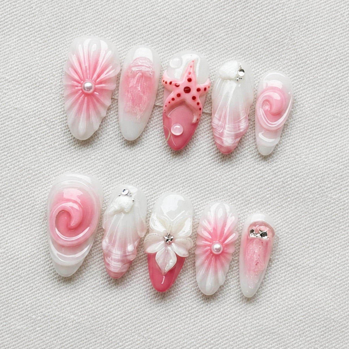 Pink Mermaid Press On Nails, 3D Seashell Starfish Nail Set