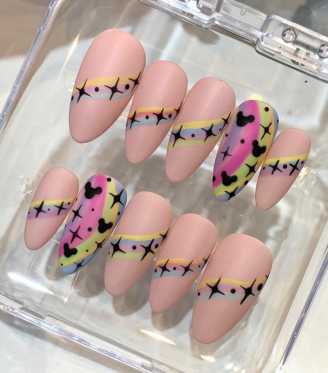 Y2K Pastel Rainbow Star Almond Press On Nails | Retro Pop Set