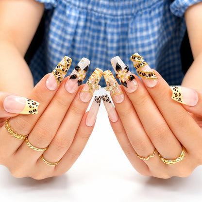 Cheetah Leopard Print Fake Nails • Gold Cross Pearl Charm Coffin Shape • Reusable Glue On Nails • Vacation Party Gift for Her • JB438ZG