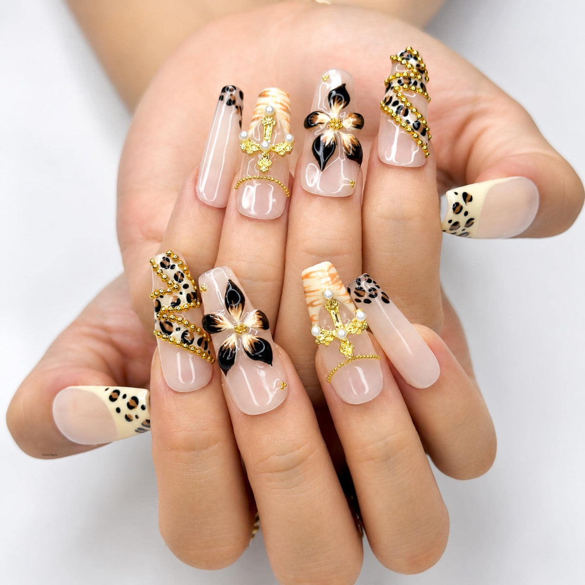 Cheetah Leopard Print Fake Nails • Gold Cross Pearl Charm Coffin Shape • Reusable Glue On Nails • Vacation Party Gift for Her • JB438ZG