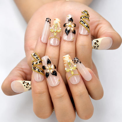 Cheetah Leopard Print Fake Nails • Gold Cross Pearl Charm Coffin Shape • Reusable Glue On Nails • Vacation Party Gift for Her • JB438ZG