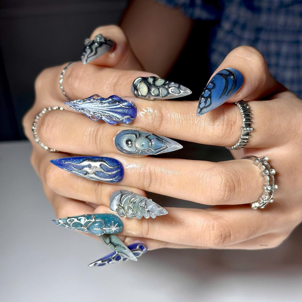 Blue Chrome Press On Nails • Futuristic Ocean Design for Bold Trend Lovers • Perfect for parties, concerts, photoshoots • JC439ZG