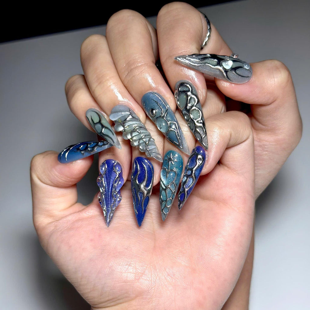 Blue Chrome Press On Nails • Futuristic Ocean Design for Bold Trend Lovers • Perfect for parties, concerts, photoshoots • JC439ZG
