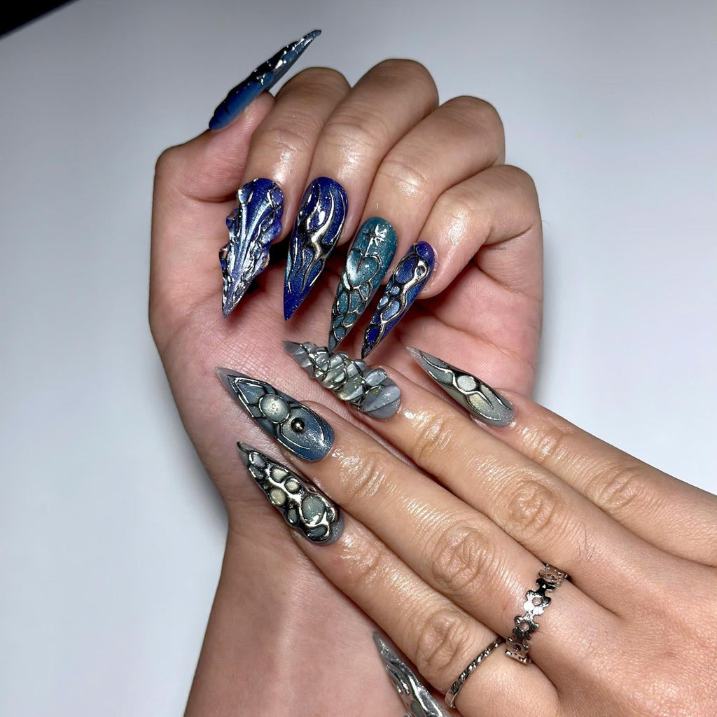 Blue Chrome Press On Nails • Futuristic Ocean Design for Bold Trend Lovers • Perfect for parties, concerts, photoshoots • JC439ZG