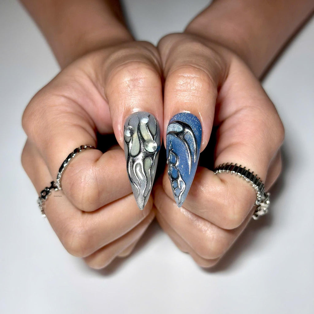 Blue Chrome Press On Nails • Futuristic Ocean Design for Bold Trend Lovers • Perfect for parties, concerts, photoshoots • JC439ZG