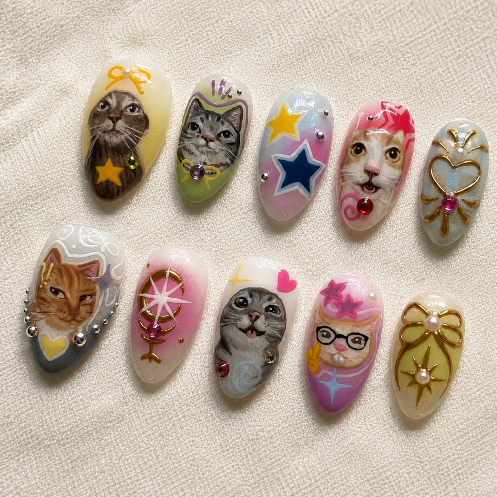 3D Cute Cat Press On Nails, Kawaii Character Nail Art, Handmade Cute Kitty Set