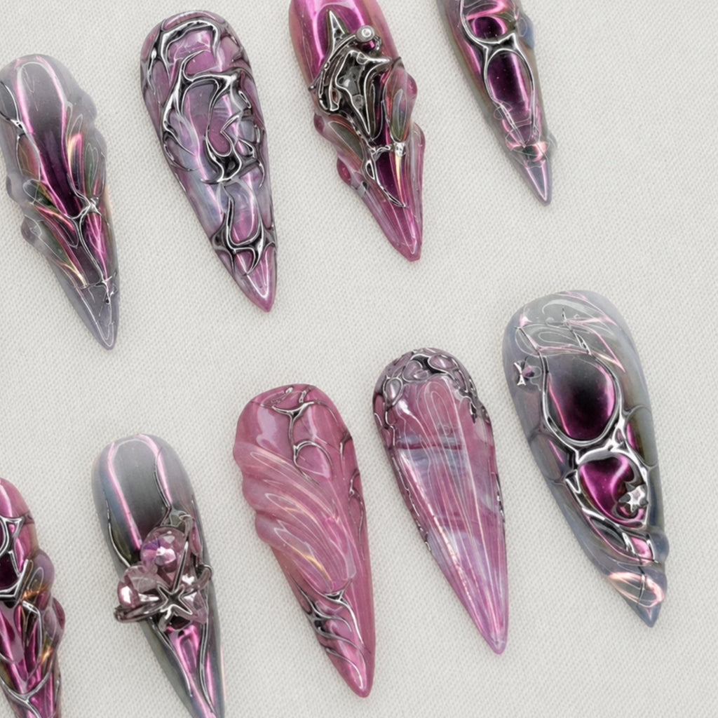 Pink Chrome Goth Press On Nails, Y2K Cyber Nail Set