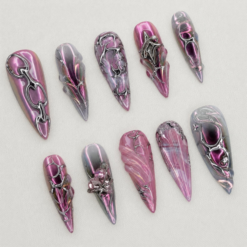 Pink Chrome Goth Press On Nails, Y2K Cyber Nail Set
