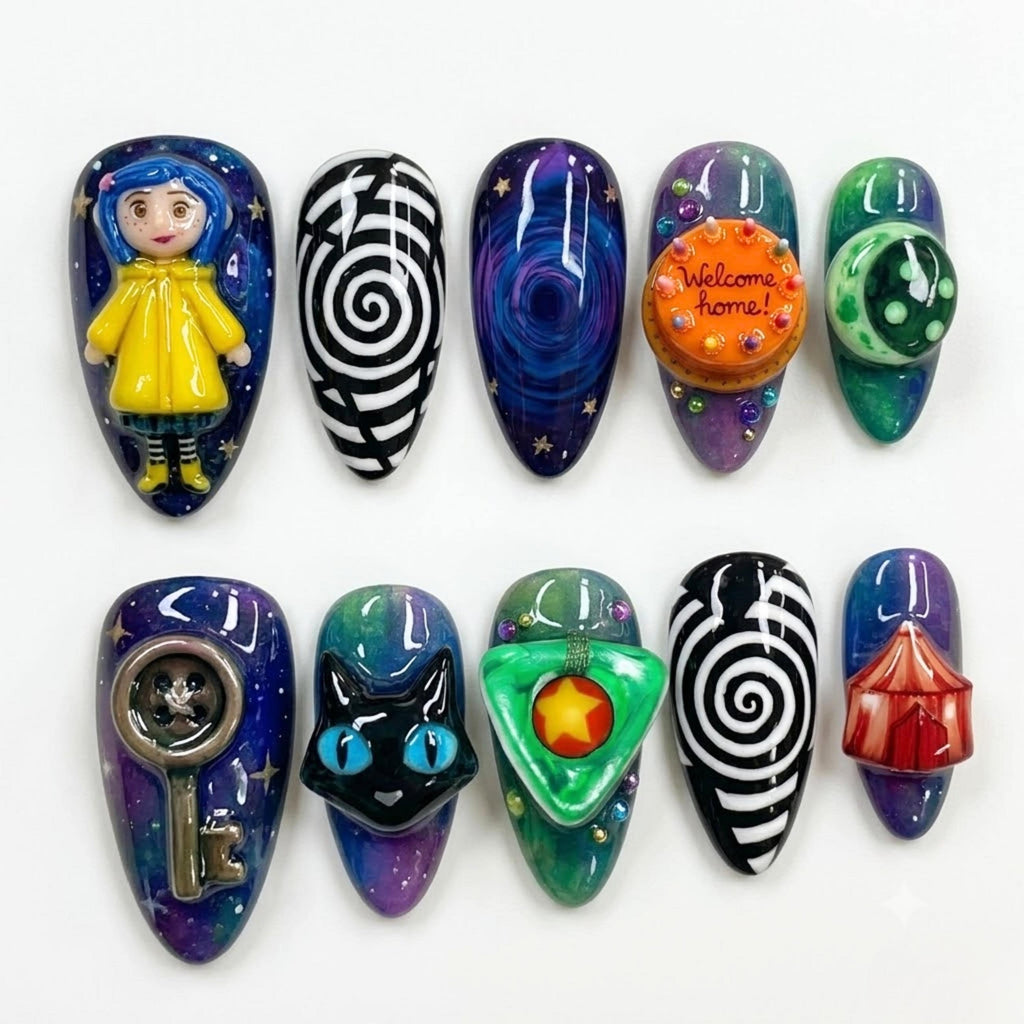 Coraline Inspired Press On Nails | 3D Button, Key & Black Cat Fake Nails in Almond | Spooky Other World Mismatched Pop Art