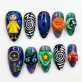 Coraline Inspired Press On Nails | 3D Button, Key & Black Cat Fake Nails in Almond | Spooky Other World Mismatched Pop Art