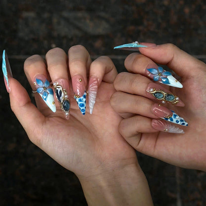 Ocean Flower Press On Nails | Mermaid Beach Nails, Blue Floral Summer Vacation Nails, Luxury Handmade Nail Set  JB440UG