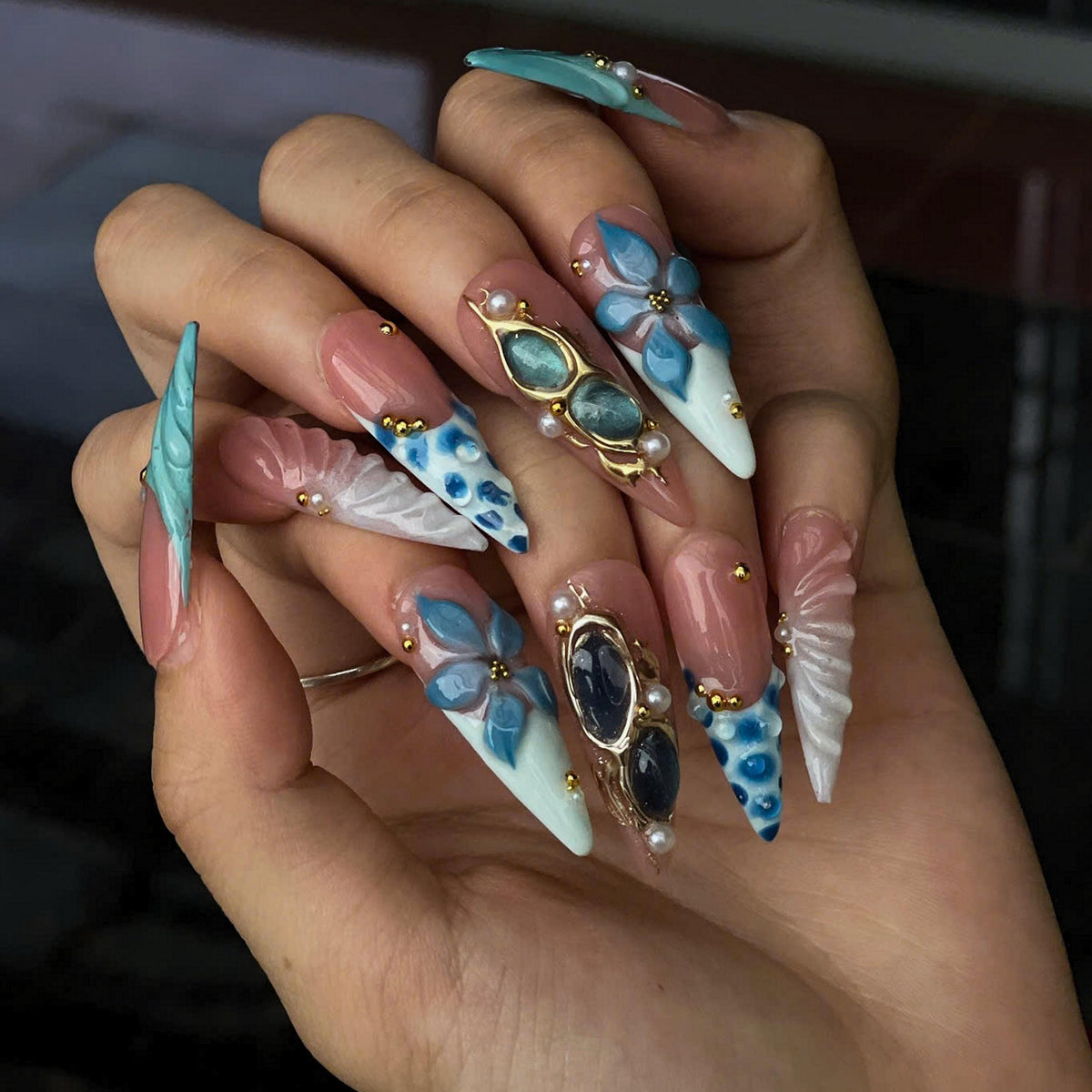 Ocean Flower Press On Nails | Mermaid Beach Nails, Blue Floral Summer Vacation Nails, Luxury Handmade Nail Set  JB440UG