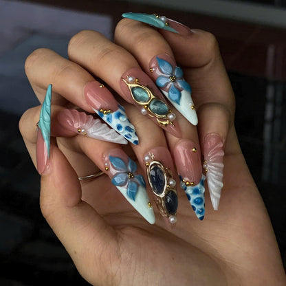 Ocean Flower Press On Nails | Mermaid Beach Nails, Blue Floral Summer Vacation Nails, Luxury Handmade Nail Set  JB440UG
