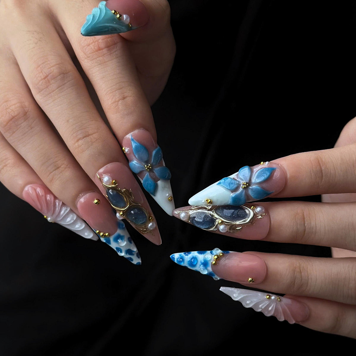 Ocean Flower Press On Nails | Mermaid Beach Nails, Blue Floral Summer Vacation Nails, Luxury Handmade Nail Set  JB440UG