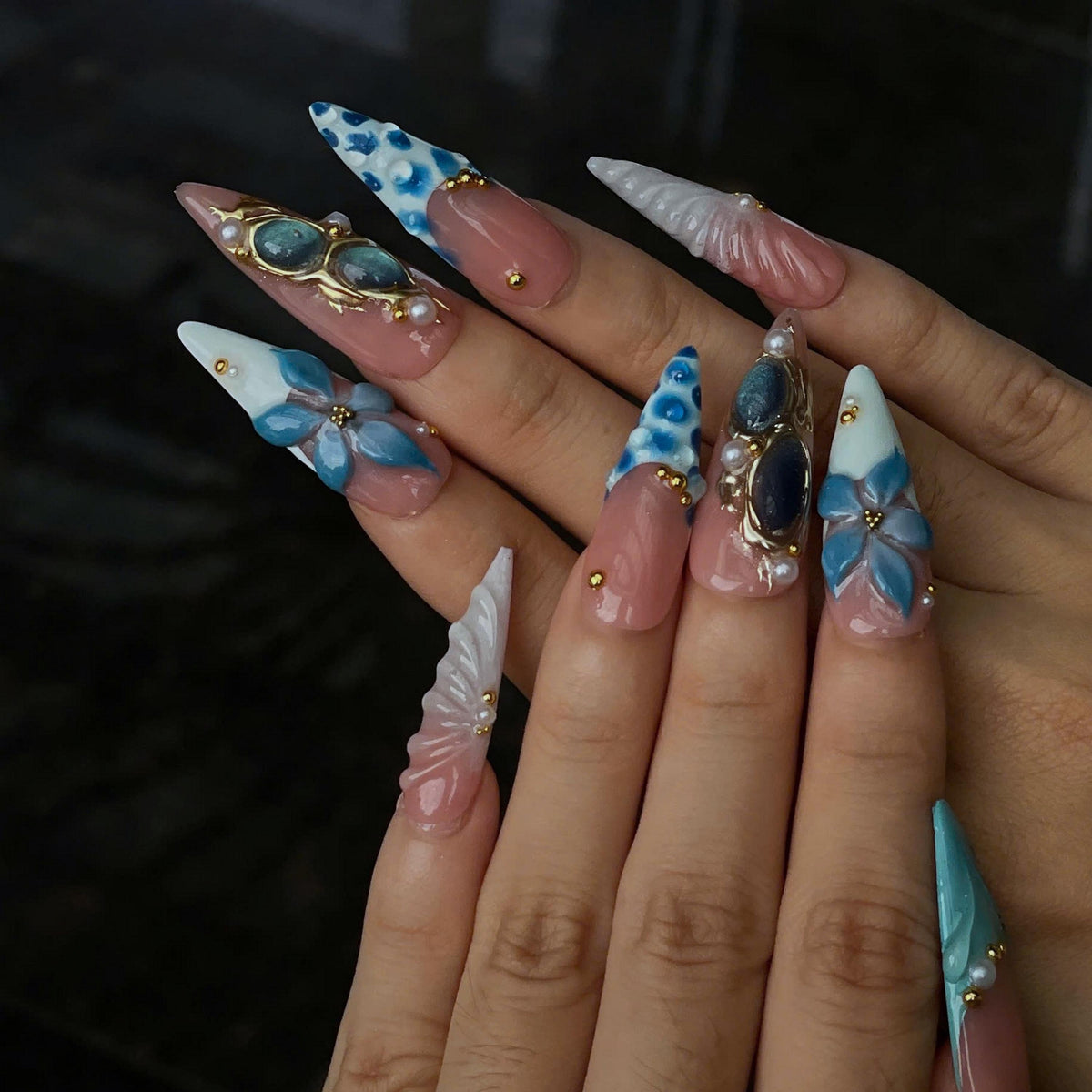 Ocean Flower Press On Nails | Mermaid Beach Nails, Blue Floral Summer Vacation Nails, Luxury Handmade Nail Set  JB440UG